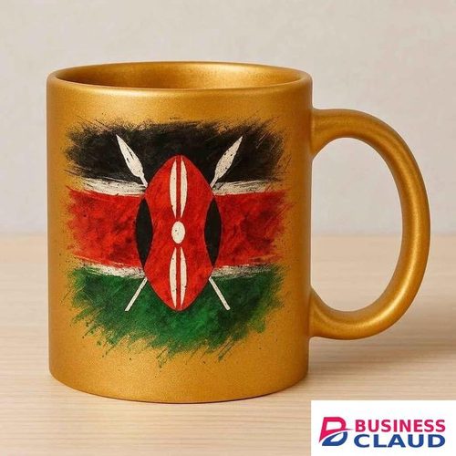 Custom Printing Golden Ceramic Mug with Kenyan Flag Brushstroke Design