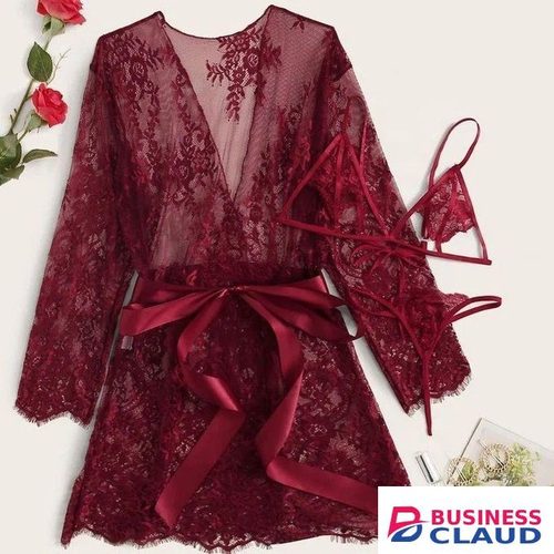 Mesh and lace three-piece lingerie set-Bra,knicker and gown