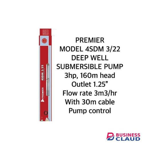 PREMIER MODEL 4SDM 3/22 DEEP WELL SUBMERSIBLE PUMP 3hp, 160m head Outlet 1.25" Flow rate 3m3/hr With 30m cable Pump control