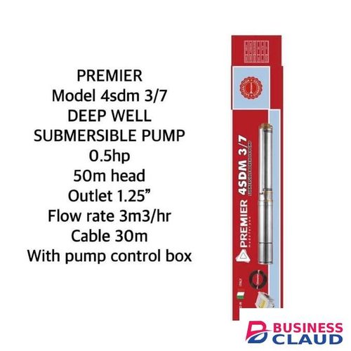 PREMIER Model 4sdm 3/7 DEEP WELL SUBMERSIBLE PUMP 0.5hp 50m head Outlet 1.25" Flow rate 3m3/hr Cable 30m With pump control box