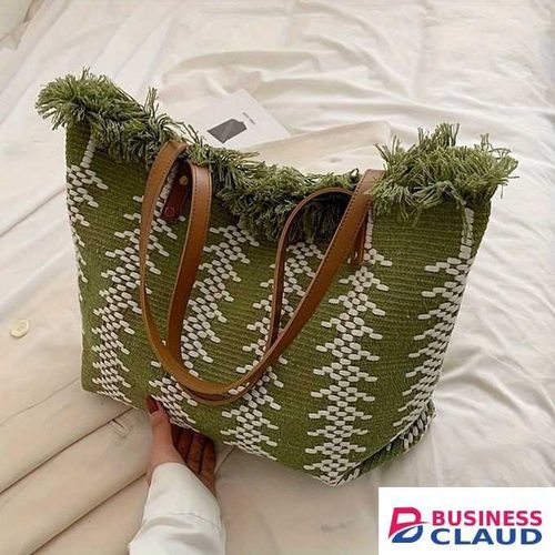 Large woven tote bag with a green and white herringbone pattern