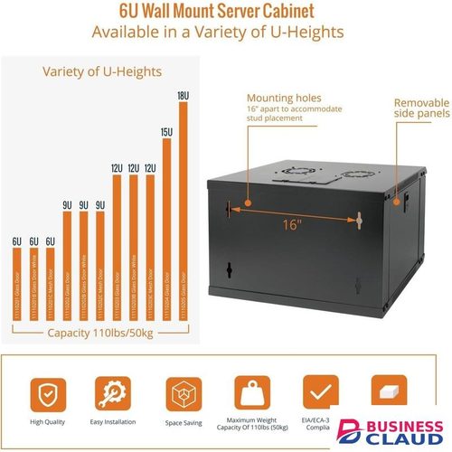 6U Wall Mount Server Cabinet IT Network Rack Enclosure Lockable Door and Side Panels Black,Cooling Fan,Standard Glass Door,17.7inch Depth,for 19” IT Equipment,A/V Devices