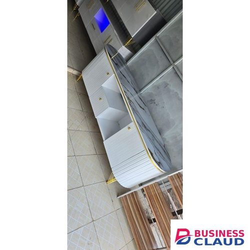 Modern White Cabinet with Marble Top and Gold Accents – White, Marble, and Gold