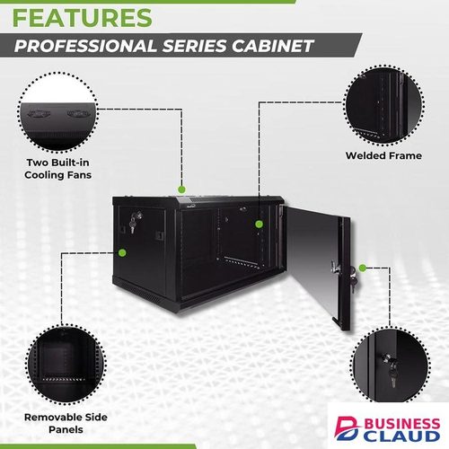 6U Server Rack Enclosure - 17.7” Deep, 6U Wall Mount Network Cabinet with Locking Glass Door for 19” IT Equipment, 6U Network Rack with 2 Fans, Removable Side Panels