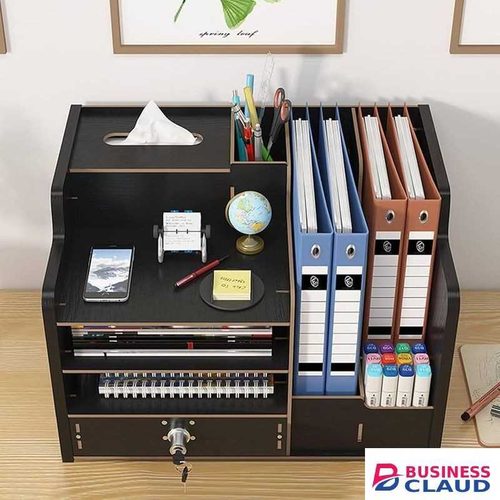 Bamboo Desk Organizer with Lockable Drawer – Wooden Desktop Bookshelf, File Organizer, Pen & Tissue Holder – Home & Office Storage