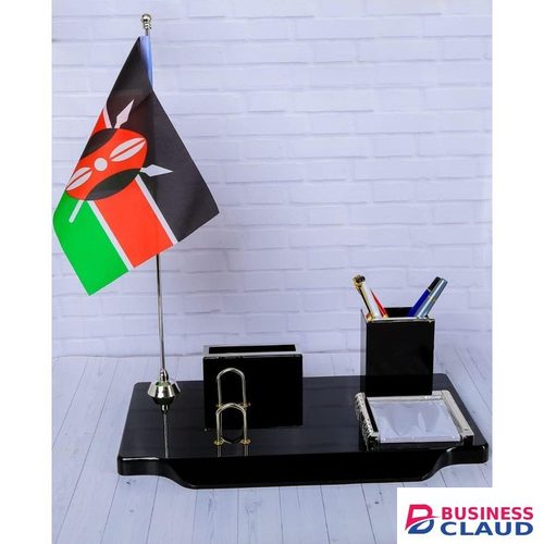 STATIONERY Executive Desktop Organizer Set with Kenya Flag & Pen Holder – Black with Metallic Accents