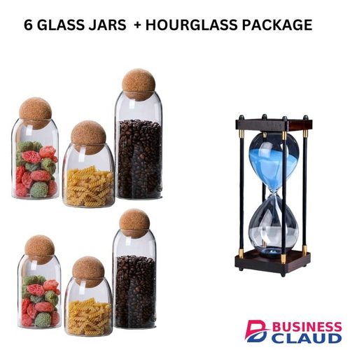 Glass Jars 6 Pcs Glass Jars With Cork Lids(1200ml,800ml,500ml) & Elegant Hour Glass Set – Perfect For Kitchen Storage, Pantry Organization, And Modern Home Decor