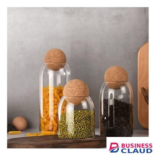 Jar Set of 3 Clear Glass Jars with Airtight Ball Cork Lids – Borosilicate Food Storage Containers for Coffee Beans, Spices, Sweets, Tea – 500ml, 800ml, 1200ml