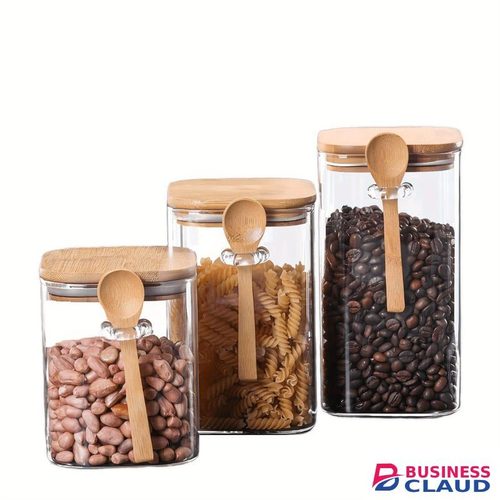Glass Bamboo container set bamboo spoon and airtight bamboo lid 3pc set