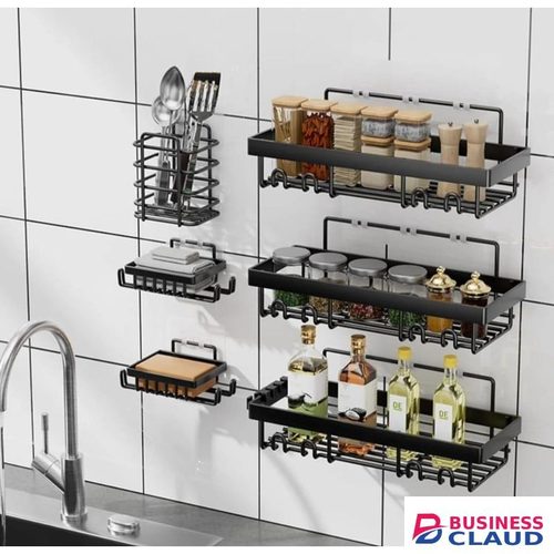 Metal 5-Pack Bathroom organizer-Rustproof Stainless Steel Shower Caddy Set– No Drill Adhesive Bathroom Organizer, Space-Saving Shower Shelves for Apartment Essentials, Bathroom/Kitchen Storage Home Decor-L Size