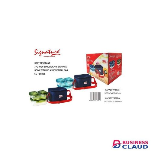 Signature 3 Pcs Heat Resistant Glass Lunch Box With Lid &Thermal Bag