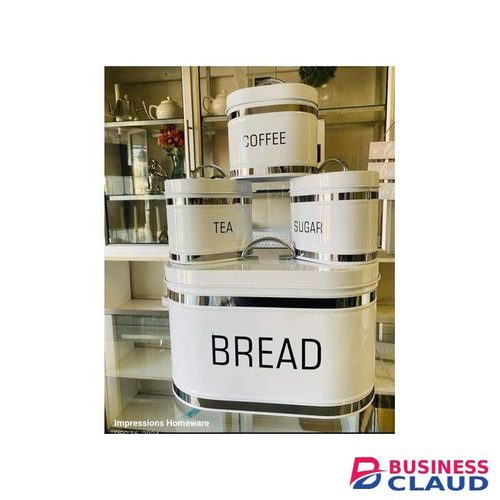 Stainless Steel Bread Bin & Matching Tea Coffee & Sugar Canister Set With Metal Trim / White