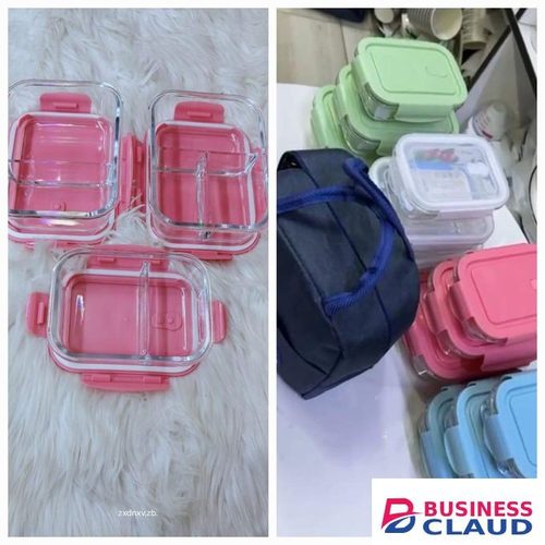 Partitioned Glass snack box with lunch-blue Capacity:700ml,1040ml,1040ml