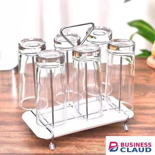 Silver Counter Top 6 Glass Drying-Holder Metal Rack Stand With White Drain Tray