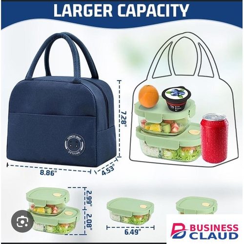 lunch bag + 3pc air tight glass food bowls