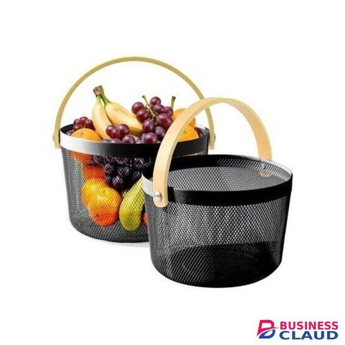 High Quality ROUND PANTRY Mesh Wire Fruit Basket With Wooden Handle