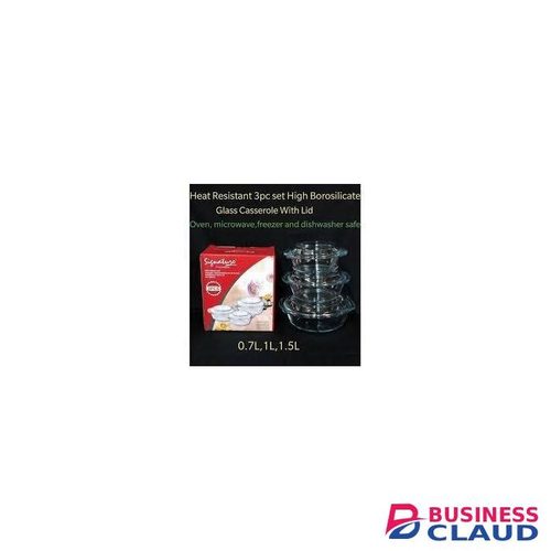 Clear Signature 3-Piece Heat Resistant Borosilicate Glass Casserole Set with Lids (0.7L + 1.0L + 1.5L)
