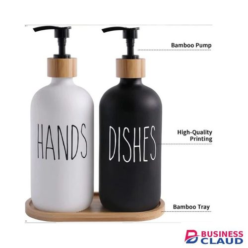 Liquid Soap Dispenser For Bathroom And Kitchen Eco-Friendly Kitchen Essentials Pack – 3 Glass Jars with Bamboo Lids and Spoons (1.84L), 2 Soap Dispensers with Bamboo Tray, 4-Piece Oil, Cooking wine, sauce & Vinegar Dispenser Set – Stylish & Functional
