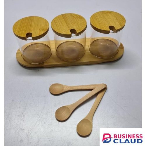 3-Piece Bamboo and Glass Kitchen Jar Set with Serving Spoons and Tray, Trio Canister Set for Tea, Coffee and Hot Chocolate (Round)