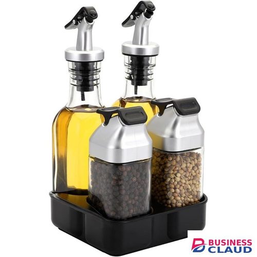 5 PCS Oil Vinegar Dispenser Bottles Set With Caddy Stand, Tabletop Glass Salt Pepper Shaker Olive Oil Vinegar Cruets Set With Tray For Home Kitchen Restaurant RV Camp Travel Wedding Party