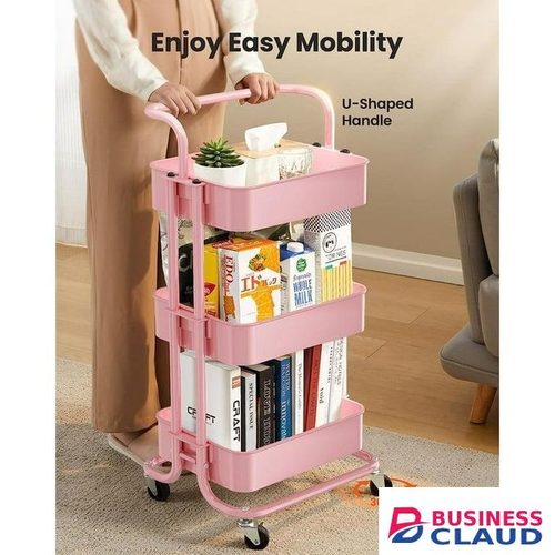 Heavy-Duty 3-Layer Metallic Mesh Tray Trolley Rack – Multi-Purpose Storage Organizer with Wheels, 4 Colors Available (Blue, Pink, Cream, Lilac)