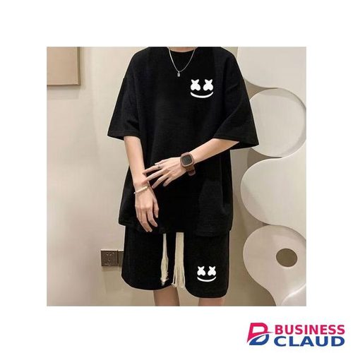 Dou-color 2-in-1 Men's Fashion Short Sleeve Set With Smiley Printed T-shirt And Shorts Set - Black