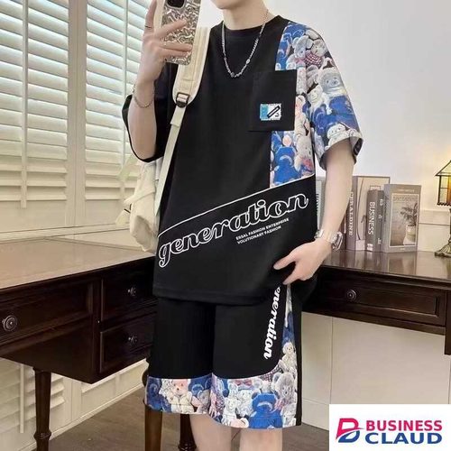 Gukbis 2pcs Men Short Sleeve T-shirt + Shorts, Men's Sportswear Set - Black