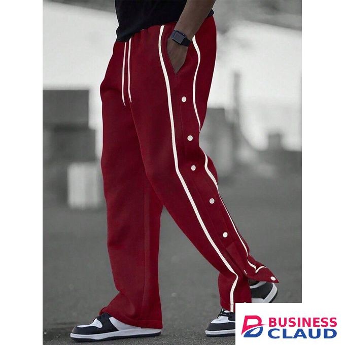 Berrykey Men's Trousers Casual Trendy Sport Pants Joggers -Wine with White Stripe button Details