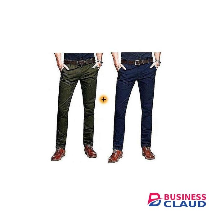 2Pack, Soft Khaki Men's Trouser Slim Fit Official Casual- Green&NavyBlue