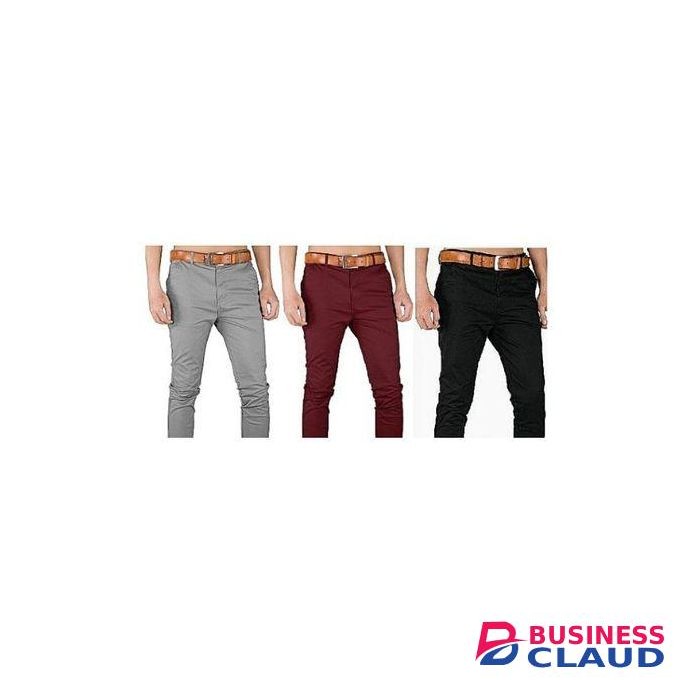 3Pack, Soft Khaki Men's Trouser Slim Fit Official Casual- Grey,Maroon&Black