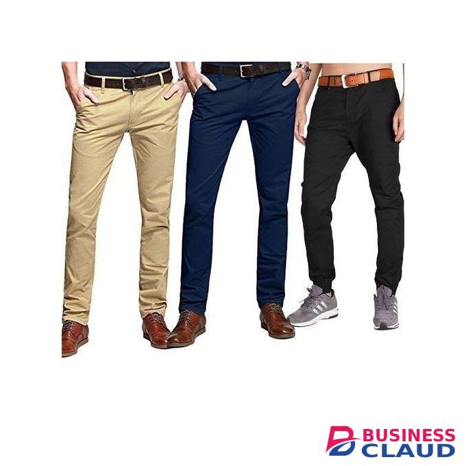 3-Pack Men’s Slim Fit Khaki Trousers – Beige, Navy Blue & Black – Soft Fabric – Official And Casual Wear