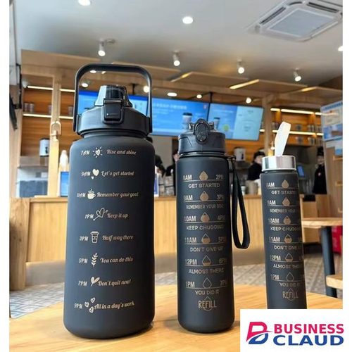 3-in-1 Motivational Water Bottle Set – 2000 ml + 750 ml + 280 ml (Black)