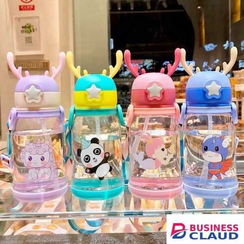 Antlers Kids Water Bottle 600ml With Pop Up Silicone Straw Silicone PC PP BPA Free Leakproof Drinking Bottle With Adjustable Strap And Fun Assorted Stickers For School Travel Sports