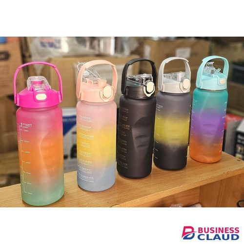 Sports Water Bottles 4 Pcs Set With Motivational Time Marker & Leak Proof Flip Top Lid With Straw - For School, Fitness Enthusiasts & Indoor Outdoor Activities (Light Pink+Yellow+Blue Color)