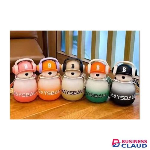 Kids Teady Bear Straw Baysball Water Bottle – Leak-Proof, Flip-Top, Carry Strap (Blue,Black,Pink, Aqua, Purple) Travel Cycling
