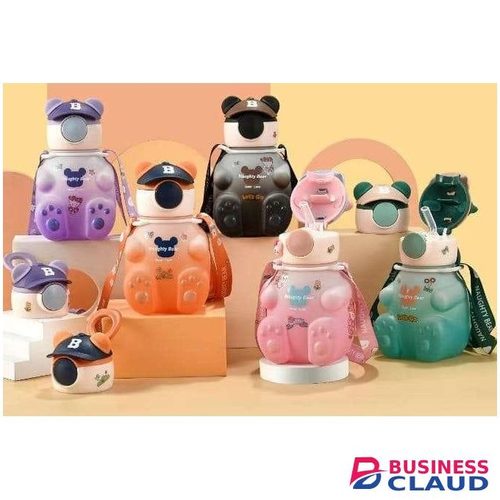 Kids Teady Bear Straw Water Bottle – Leak-Proof, Flip-Top, Carry Strap (Blue,Black,Pink, Aqua, Purple) Travel Cycling