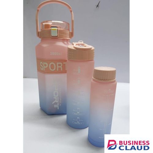 High Quality Hexagonal Sports 3in1 Multi-Colour Motivation Water Bottle – 2L, 800ml, 300ml Leak-Proof BPA-Free Fitness Hydration Set for Gym, Office, Outdoor & Travel Use