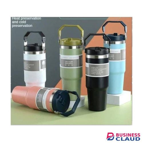 Stainless Steel Vacuum Double Wall Thermal Cup with Handle Iced Coffee Cup with Lid And Straw-900ml-Black