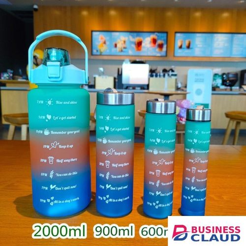 Green Motivational Water Bottle with Straw 4 Pcs, 2L 900ML 600ML 300 Reusable BPA Free Sports Water Bottle, Leakproof Drinks Bottle with Time Markings