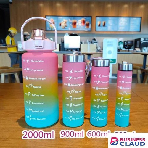 Grey Motivational Water Bottle with Straw 4 Pcs, 2L 900ML 600ML 300 Reusable BPA Free Sports Water Bottle, Leakproof Drinks Bottle with Time Markings