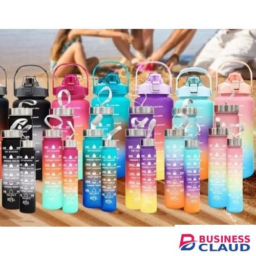 4-in-1 Set Motivational Water Bottle with Time Marker,Straw,Leakproof for Family, Gym, Camping, Outdoor Sports