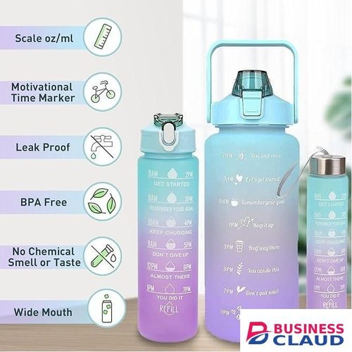 Unbrand 3 In 1 Sports Water Bottles 3Pcs Set With Motivational Time Marker & Leak Proof Flip Top Lid With Straws - For School, Fitness Enthusiasts & Indoor Outdoor Activities - Turquoise Color