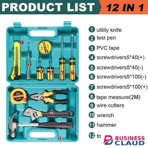 12Piece Tools Set General House hold Hand Tool Kit with Plastic Toolbox Storage Case Used to Car repair And home Repair