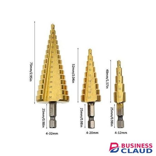 Step Drill Bit Set HSS 3PCS with Titanium Coated Double Cutting Blades Spiral Quick Change for Multiple Hole Sheet Metal,Plastic,Aluminum,DIY Woodworking(Metric 4-12mm/4-20mm/4-32mm)