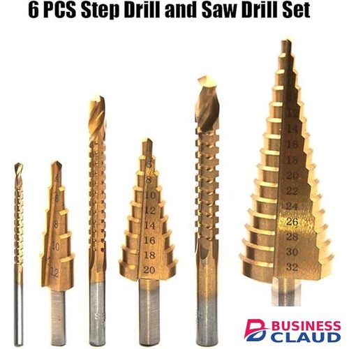 6 PCS Step Drill Bit and Saw Drill Set HSS Drill Bits for Sheet Aluminum on Metal Stainless Steel Wood Hole Drilling Expanding Multifunction Sal Grooved Step Drill for Woodworking Industry DIY