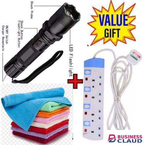 3-in-1 Rechargeable Home Security Self-Defense Electric Shock Laser Pointer Torch+3 Face Towels+FREE 4 Way Power Extension