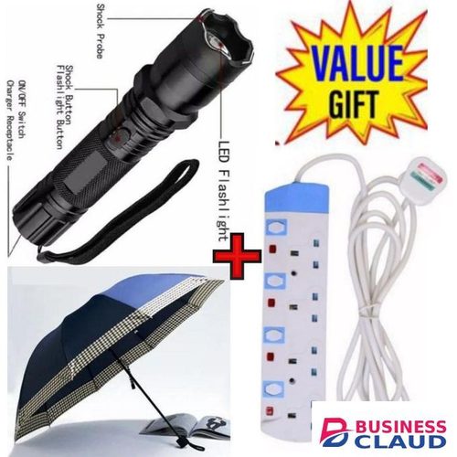 3-in-1 Rechargeable Home Security Self-Defense Electric Shock Laser Pointer Torch+Umbrella+FREE 4 Way Power Extension