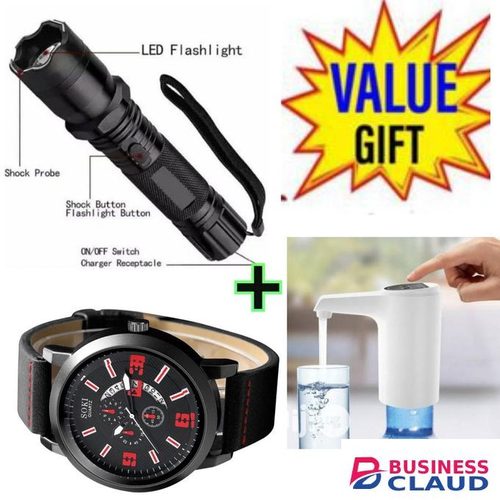 Electric Shock & Laser Pointer Powerful Torch + Luxury Men Watch +FREE Electric Water Dispenser