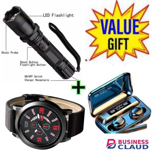 Electric Shock & Laser Pointer Powerful Torch + Luxury Men Watch +FREE Bluetooth Earbuds