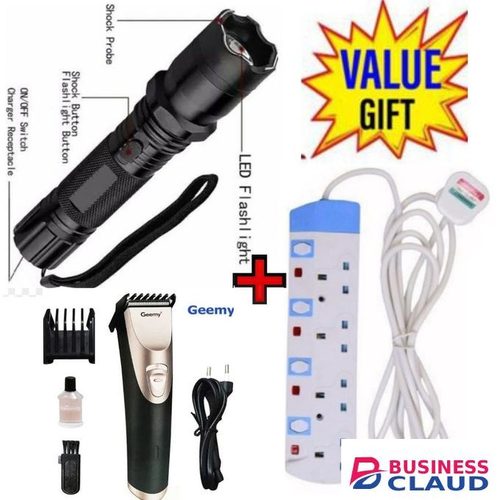 3-in-1 Rechargeable Home Security Self-Defense Electric Shock Laser Pointer Torch+Geemy Hair Shaver +FREE 4 Way Power Extension
